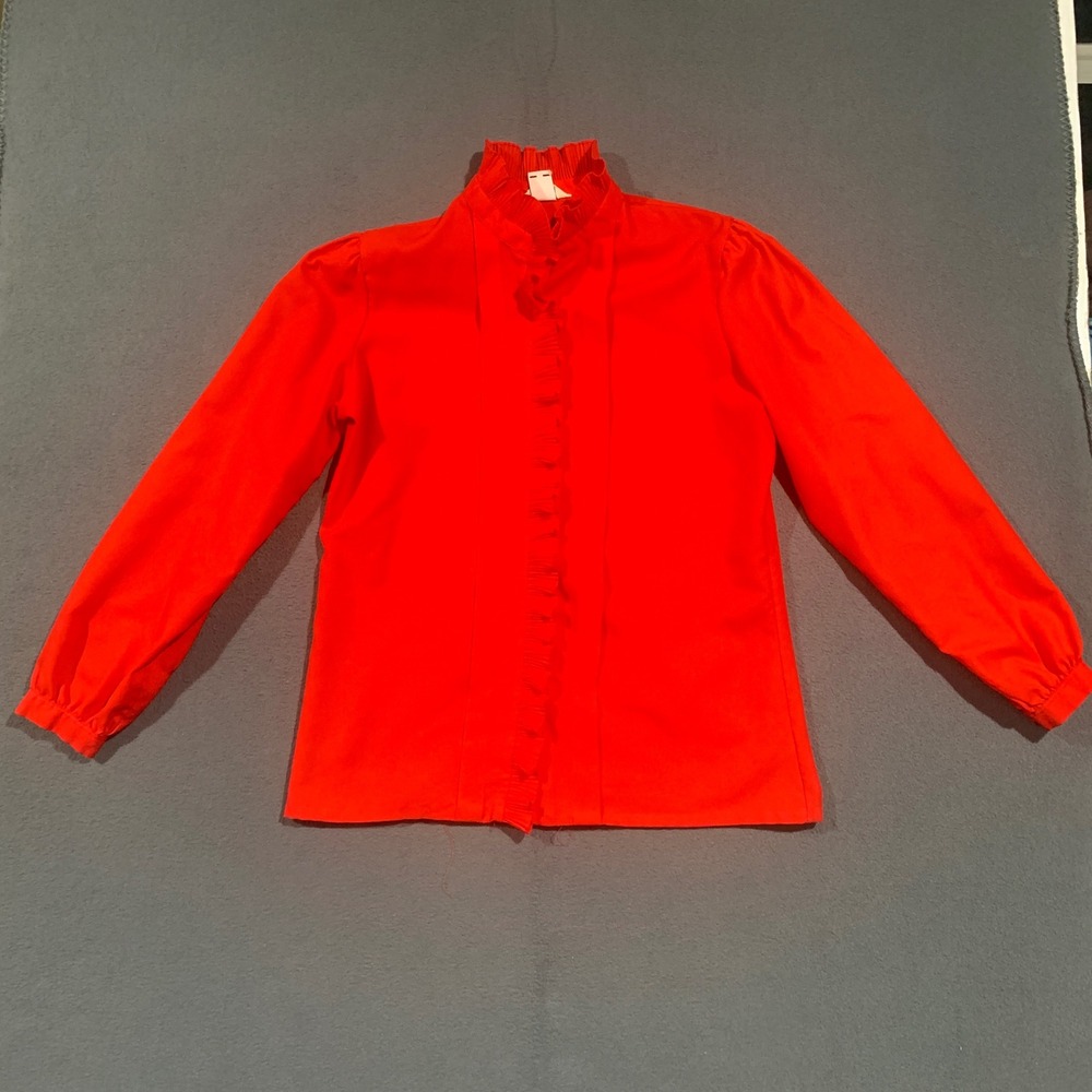 Gailord‎ Vintage Red Ruffle High Neck Blouse Victorian Style Long Sleeve Size 14